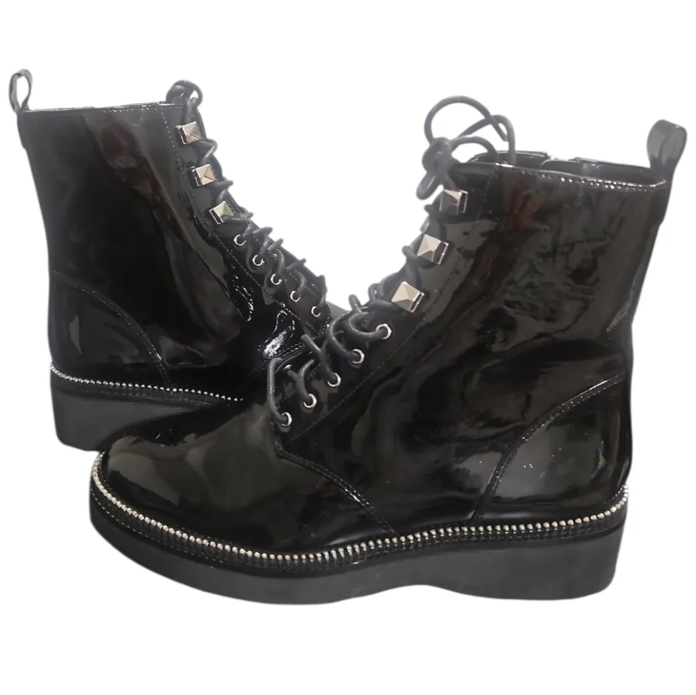 NWT Michael Kors Haskell Black Patent Leather Combat Boots Zipper Trim 8.5